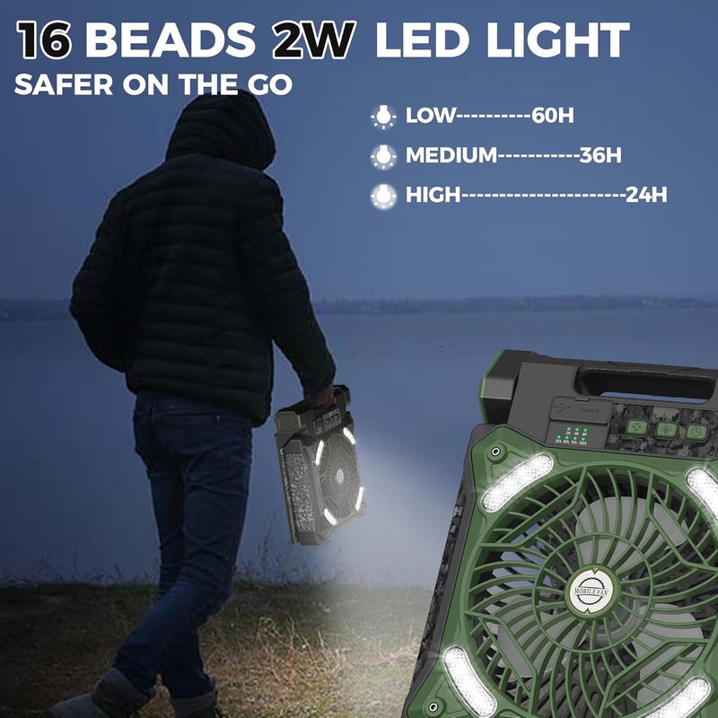 MORECORE 10000mAh 11inch Solar Camping Fan with Dual Charging, 4 Speeds & 3 Light Levels, 36H Run Time, Timer & 90° Adjustable, Portable Quiet Desk Fan for Hiking, Hurricane, Outages, Fishing-Green - Image 4